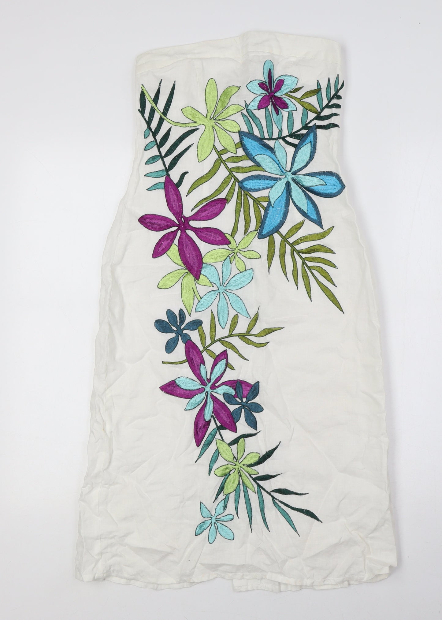 Warehouse Womens Ivory Floral Linen A-Line Size 8 Off the Shoulder Zip - Embroidery