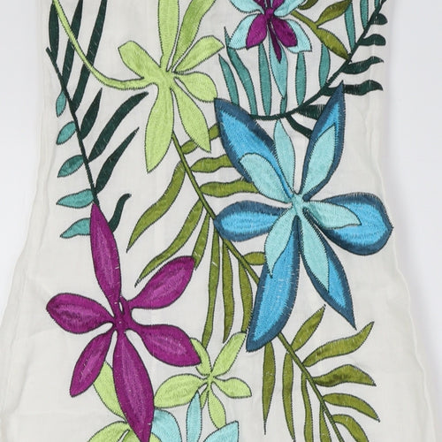 Warehouse Womens Ivory Floral Linen A-Line Size 8 Off the Shoulder Zip - Embroidery