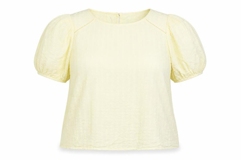 Front view of Dorothy Perkins women’s yellow cotton basic blouse, size UK 18, boat neck