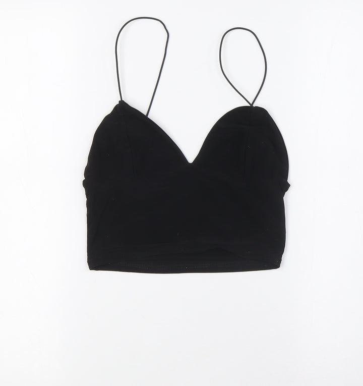 PRETTYLITTLETHING Womens Black Polyester Cropped Blouse Size 8 V-Neck
