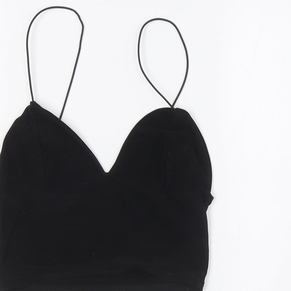 PRETTYLITTLETHING Womens Black Polyester Cropped Blouse Size 8 V-Neck