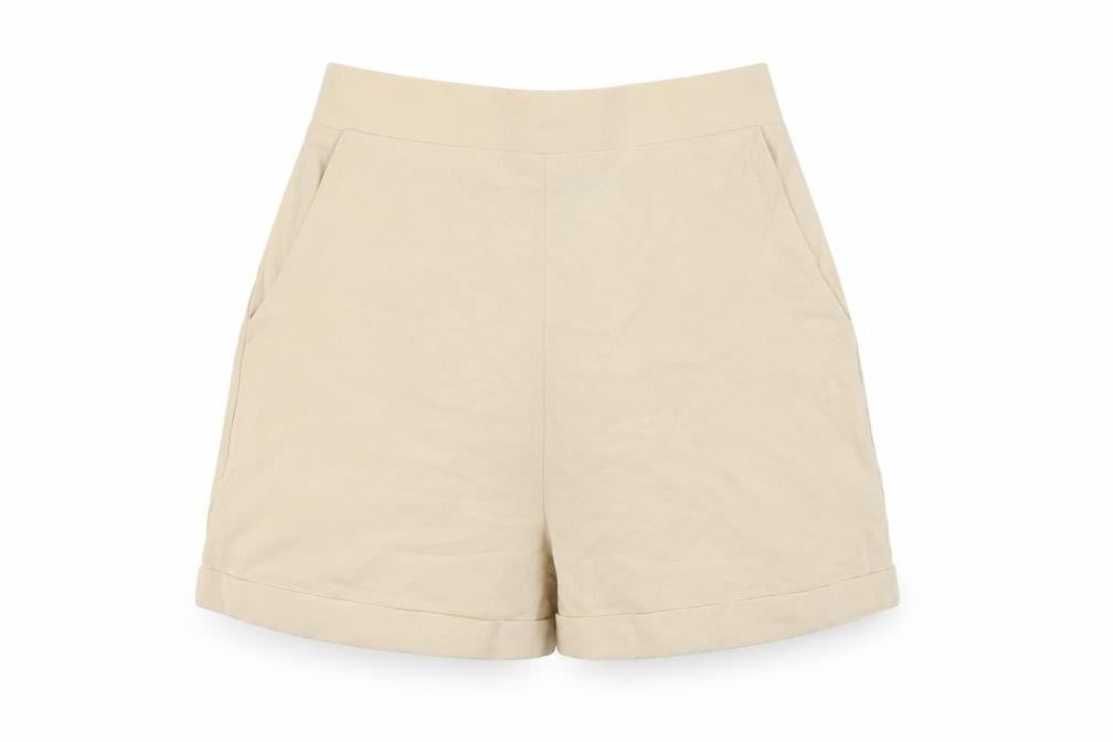 Front view of Princess Polly women’s beige cotton basic shorts, size UK 6, 3-inch leg regular - turn ups