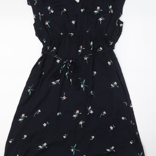 H&M Womens Blue Floral Polyester A-Line Size S V-Neck - Belted