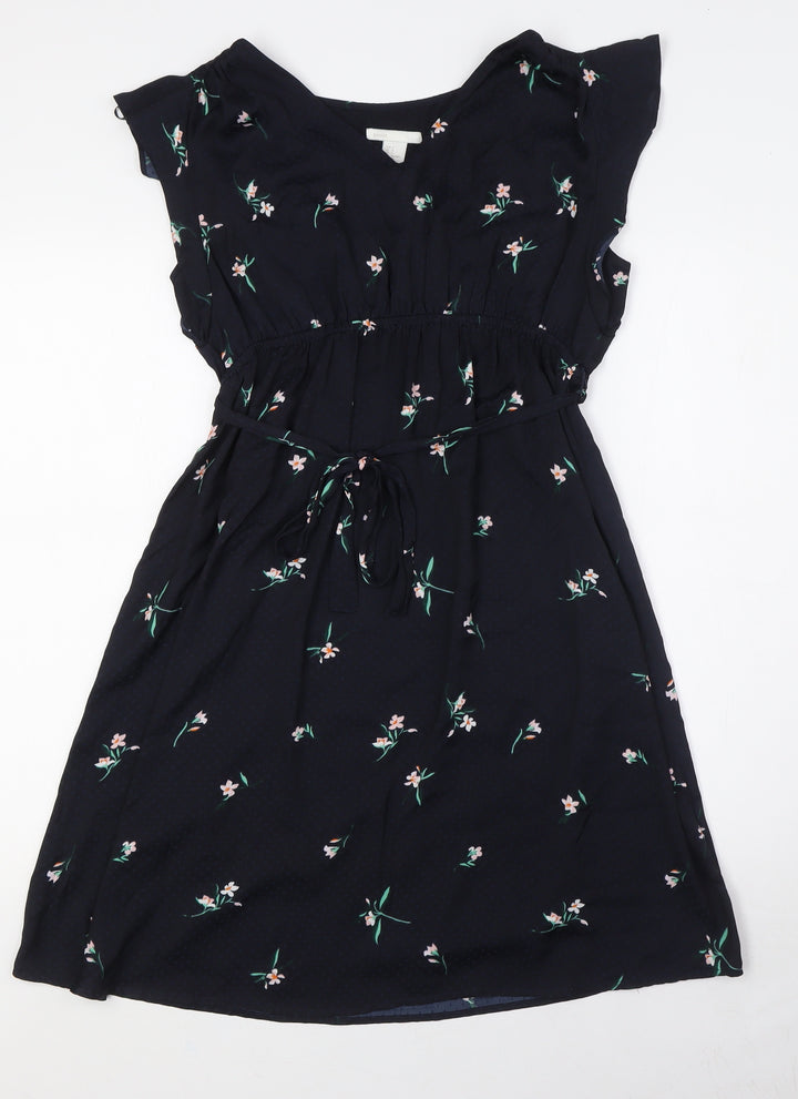 H&M Womens Blue Floral Polyester A-Line Size S V-Neck - Belted