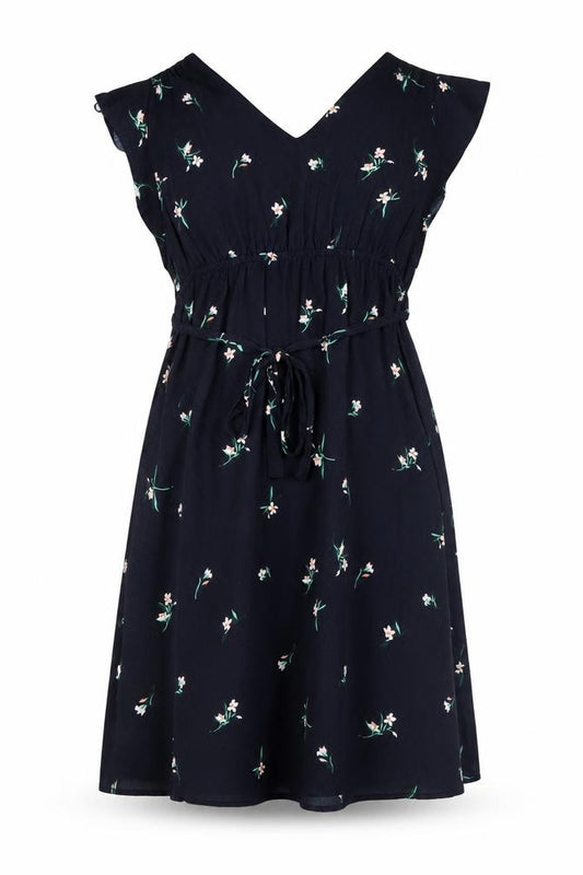 Front view of H&M women’s blue floral polyester a-line, size S, v-neck - belted
