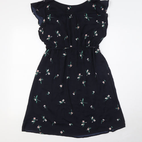 H&M Womens Blue Floral Polyester A-Line Size S V-Neck - Belted