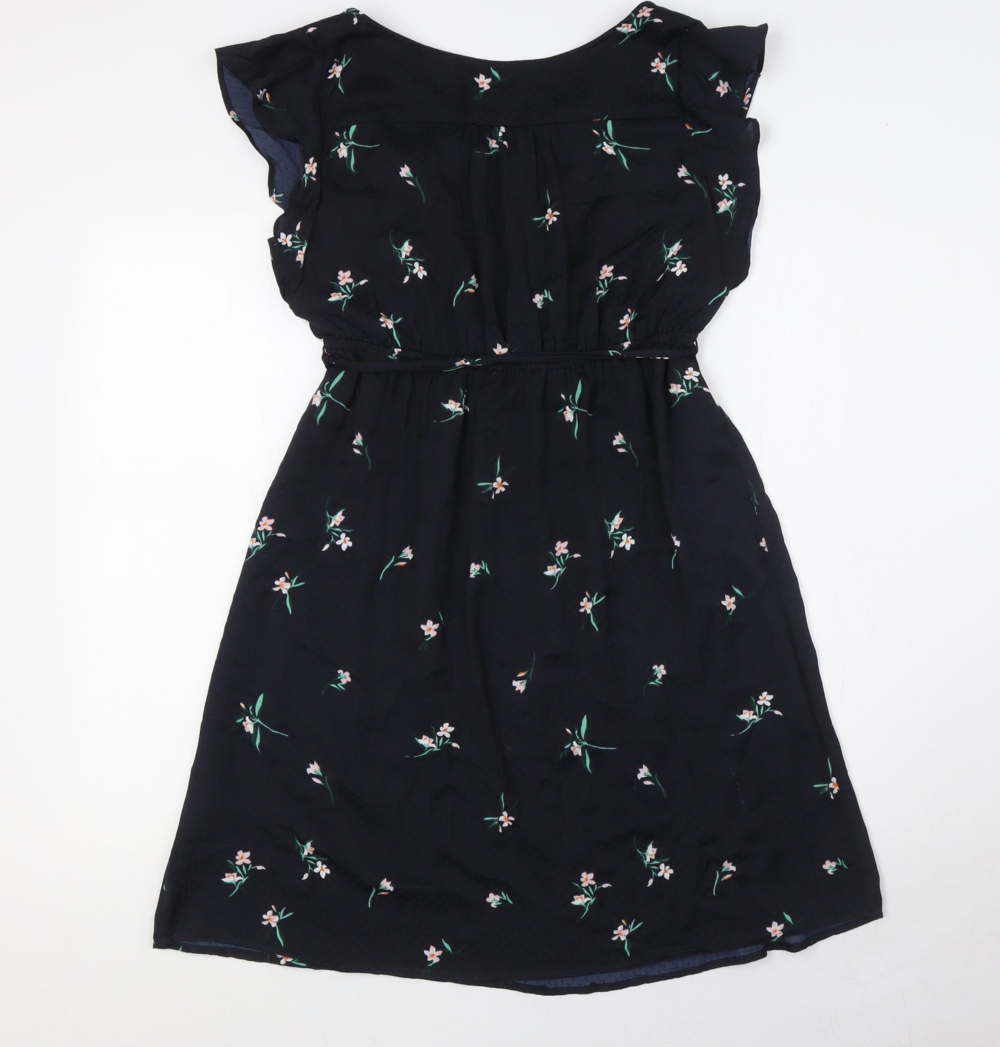 H&M Womens Blue Floral Polyester A-Line Size S V-Neck - Belted