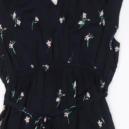 H&M Womens Blue Floral Polyester A-Line Size S V-Neck - Belted