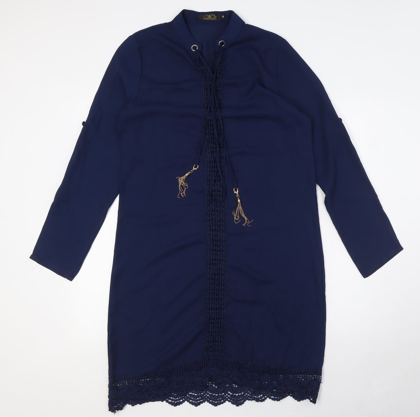 Dress Spot Womens Blue Polyester A-Line Size M Mock Neck Tie - Crochet Trim