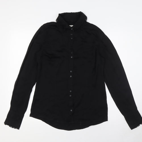 Ti MO Womens Black Silk Basic Button-Up Size M Collared - Embellished Collar