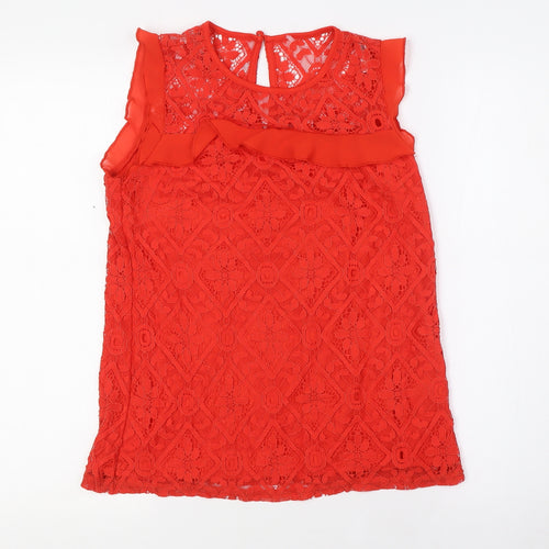 Oasisr Womens Red Nylon Basic Blouse Size 6 Round Neck - Lace Overlay
