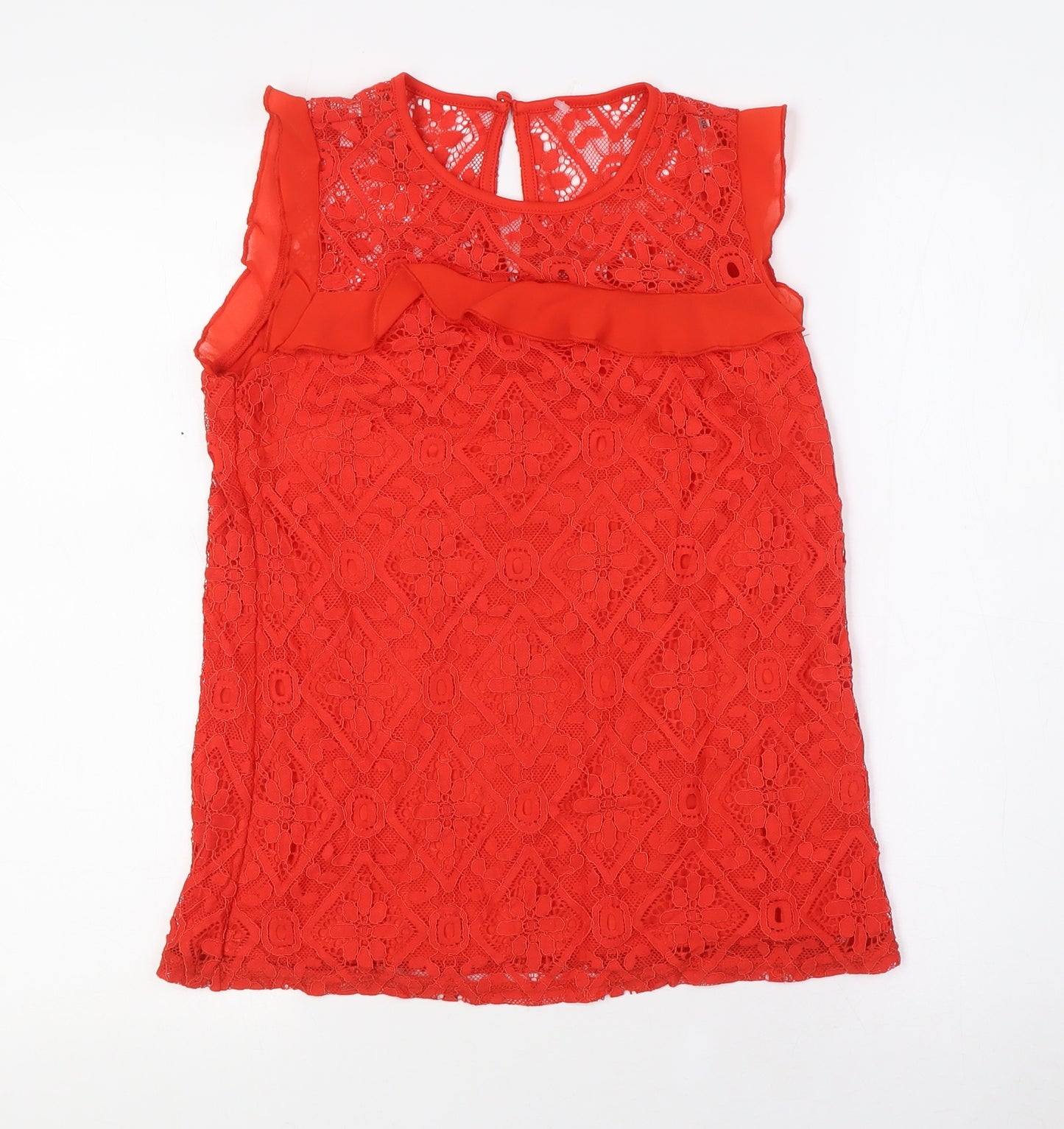Oasisr Womens Red Nylon Basic Blouse Size 6 Round Neck - Lace Overlay