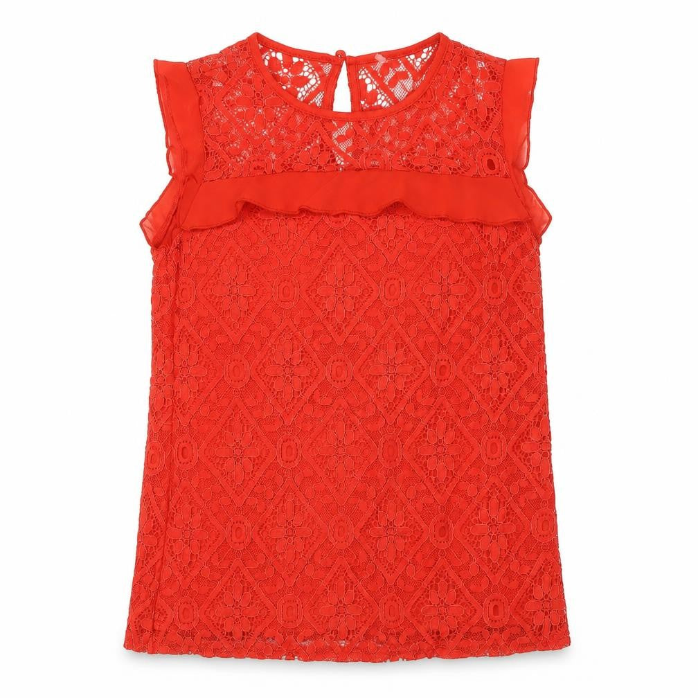 Front view of Oasisr women’s red nylon basic blouse, size UK 6, round neck - lace overlay