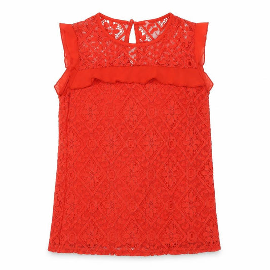 Front view of Oasisr women’s red nylon basic blouse, size UK 6, round neck - lace overlay
