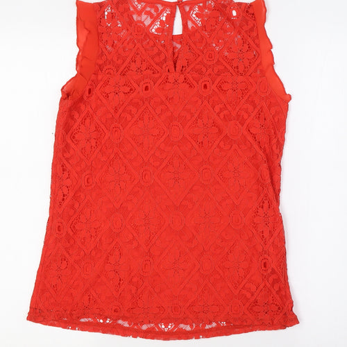 Oasisr Womens Red Nylon Basic Blouse Size 6 Round Neck - Lace Overlay