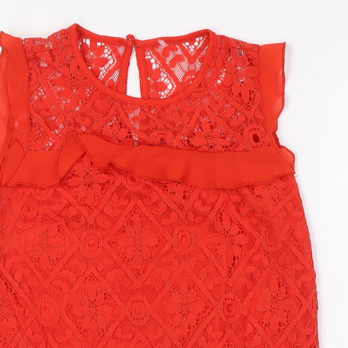 Oasisr Womens Red Nylon Basic Blouse Size 6 Round Neck - Lace Overlay