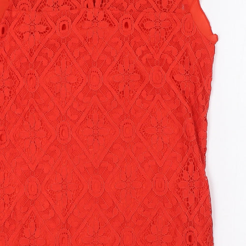 Oasisr Womens Red Nylon Basic Blouse Size 6 Round Neck - Lace Overlay