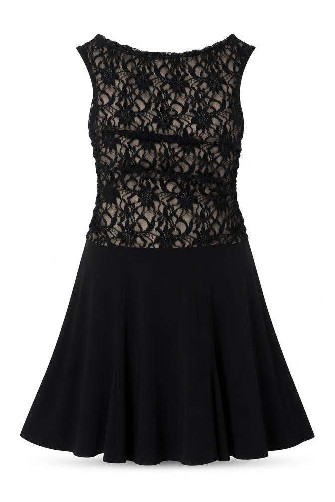 Front view of Marina women’s black polyester a-line, size M, cowl neck - lace overlay