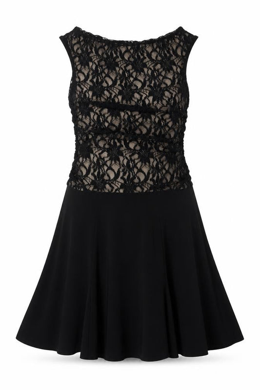 Front view of Marina women’s black polyester a-line, size M, cowl neck - lace overlay