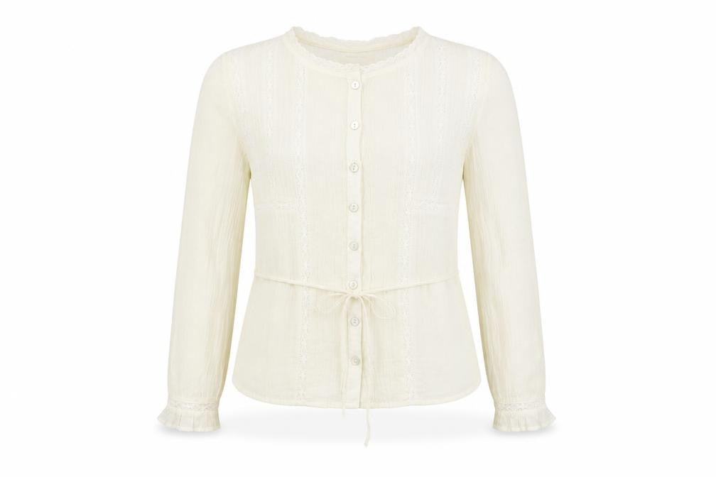 Front view of Urban Outfitters women’s ivory polyester basic blouse, size XS, round neck - belted