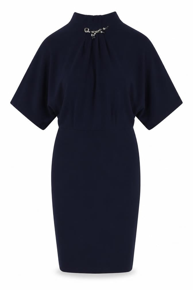 Front view of Norm women’s blue viscose a-line, size UK 10, mock neck zip