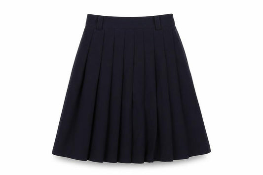 Front view of Mone women’s blue polyester pleated skirt, size S, zip