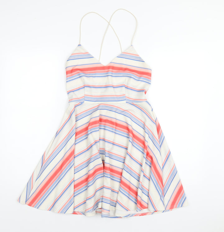 New Look Womens Multicoloured Striped Polyester A-Line Size 12 V-Neck Zip