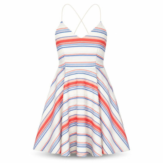 Front view of New Look women’s multicoloured striped polyester a-line, size UK 12, v-neck zip