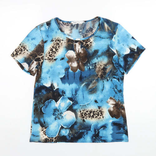 Tru Collection Womens Blue Floral Polyester Basic T-Shirt Size 14 Round Neck
