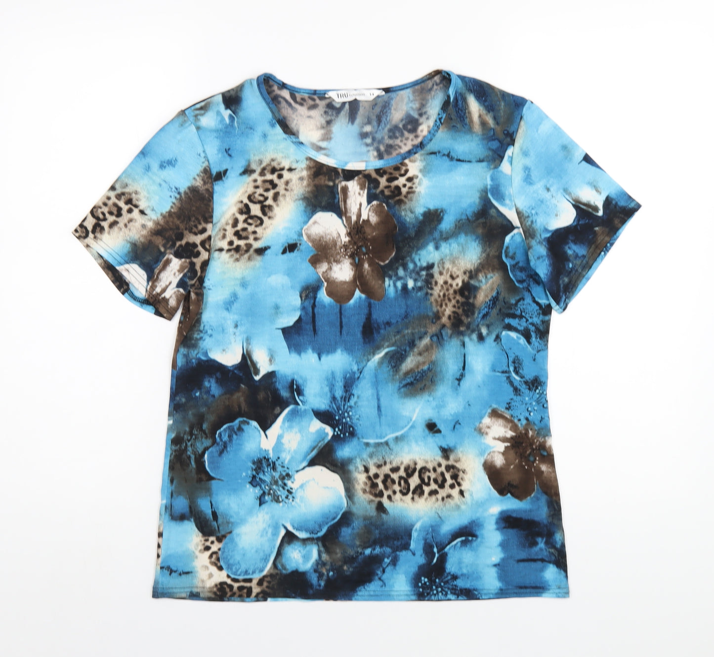 Tru Collection Womens Blue Floral Polyester Basic T-Shirt Size 14 Round Neck