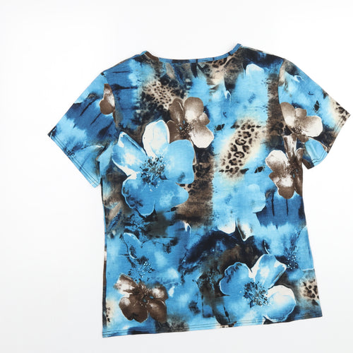 Tru Collection Womens Blue Floral Polyester Basic T-Shirt Size 14 Round Neck