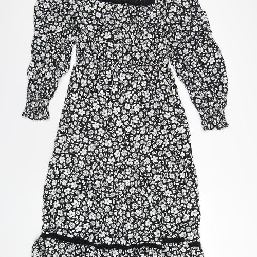 Marks and Spencer Womens Black Floral Viscose A-Line Size 10 Round Neck Button