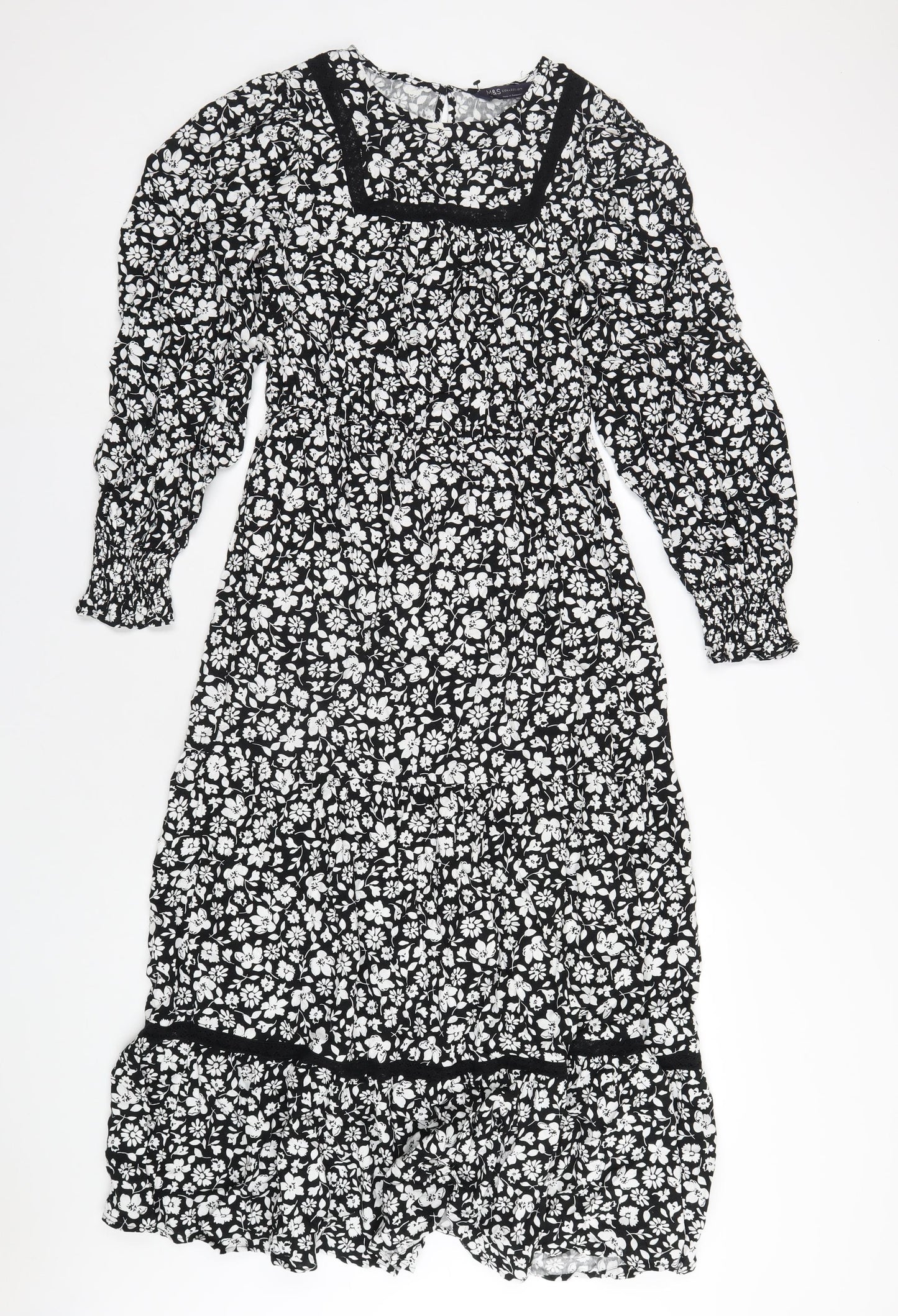 Marks and Spencer Womens Black Floral Viscose A-Line Size 10 Round Neck Button