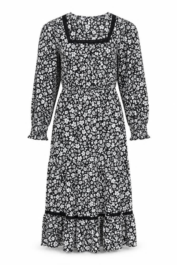 Marks and Spencer Womens Black Floral Viscose A-Line Size 10 Round Neck Button