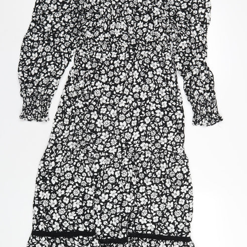 Marks and Spencer Womens Black Floral Viscose A-Line Size 10 Round Neck Button