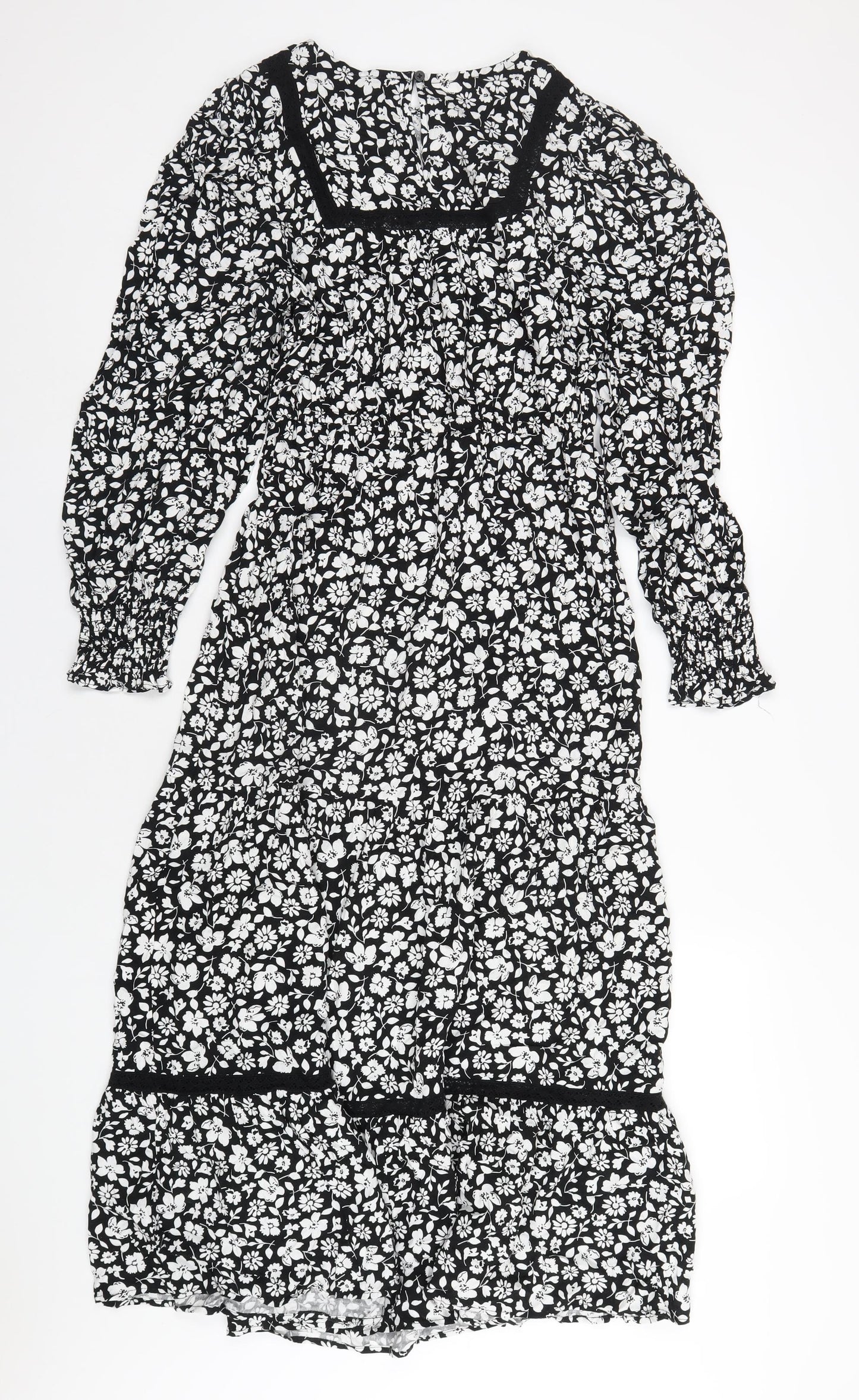 Marks and Spencer Womens Black Floral Viscose A-Line Size 10 Round Neck Button