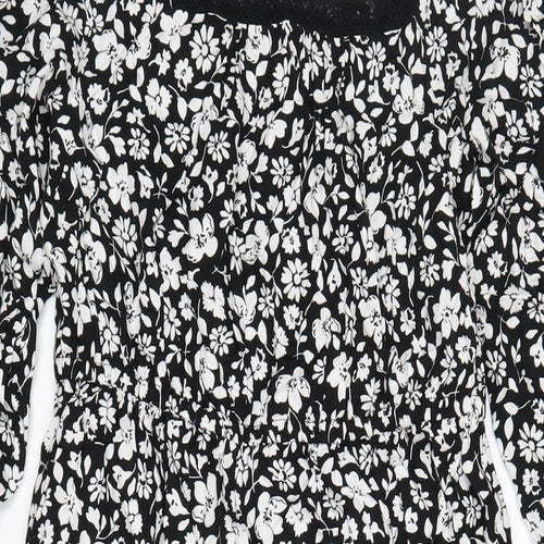 Marks and Spencer Womens Black Floral Viscose A-Line Size 10 Round Neck Button