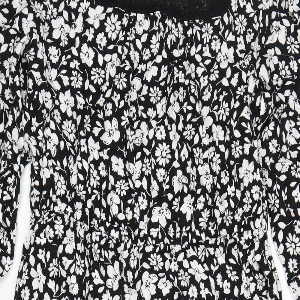 Marks and Spencer Womens Black Floral Viscose A-Line Size 10 Round Neck Button