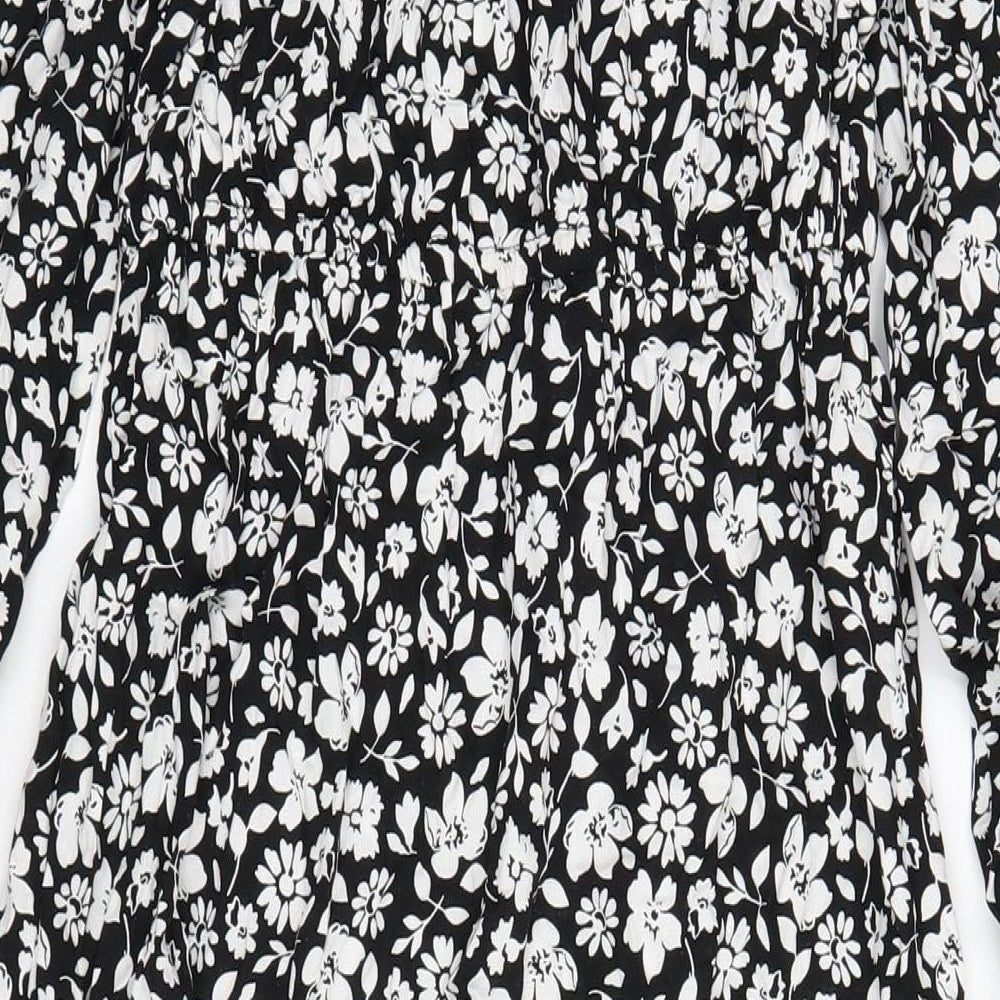 Marks and Spencer Womens Black Floral Viscose A-Line Size 10 Round Neck Button