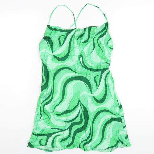 Zara Womens Green Geometric Viscose Slip Dress Size M Cowl Neck Pullover