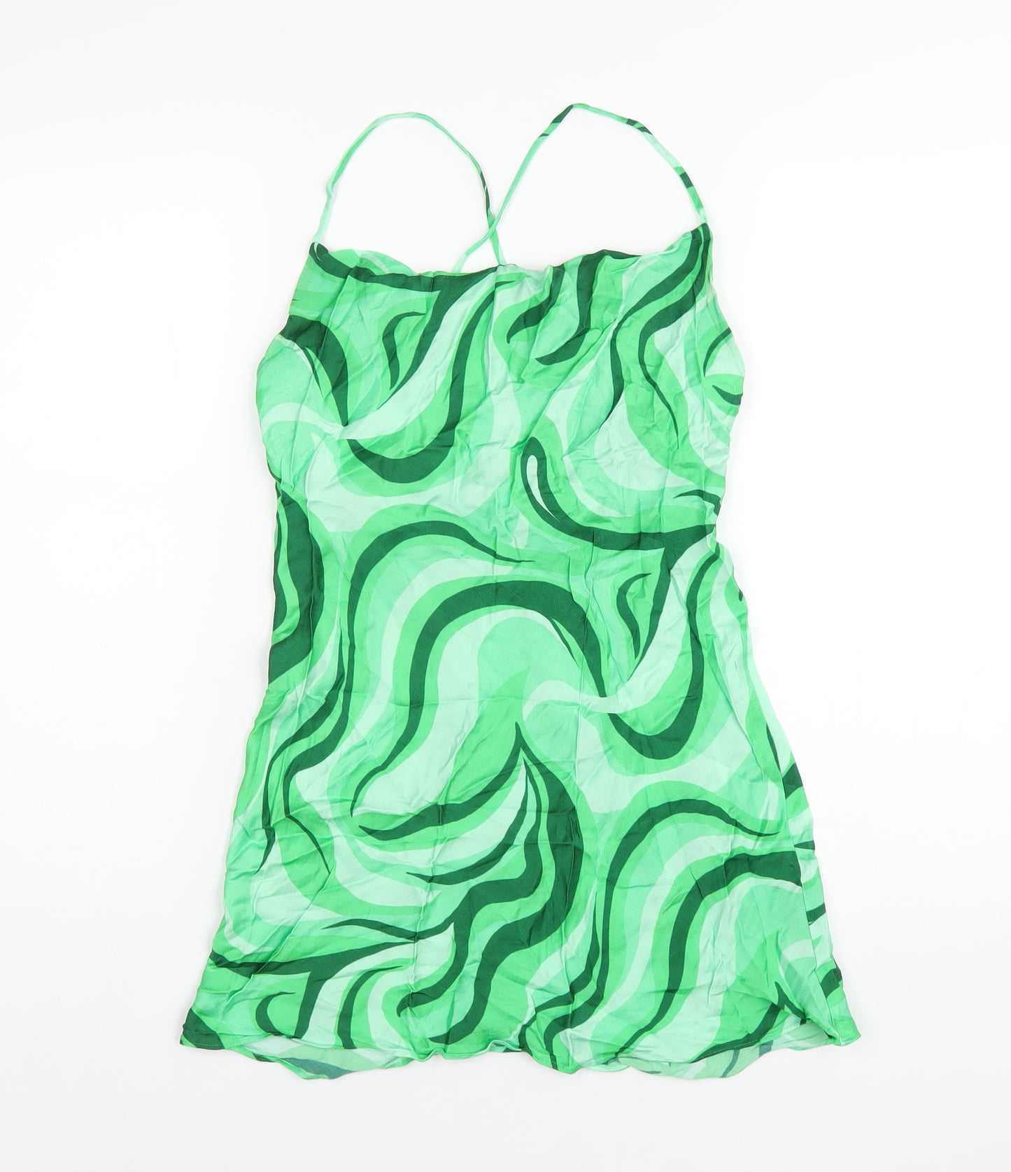 Zara Womens Green Geometric Viscose Slip Dress Size M Cowl Neck Pullover