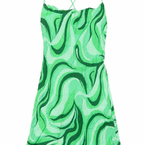 Zara Womens Green Geometric Viscose Slip Dress Size M Cowl Neck Pullover