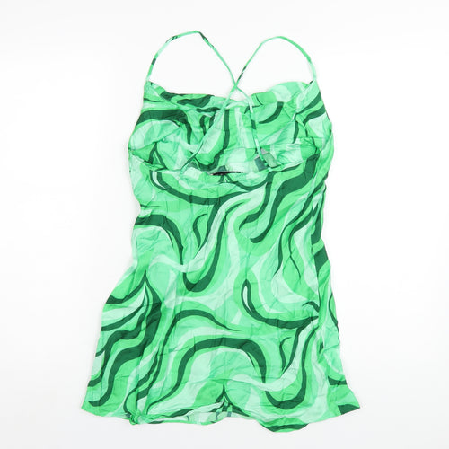 Zara Womens Green Geometric Viscose Slip Dress Size M Cowl Neck Pullover