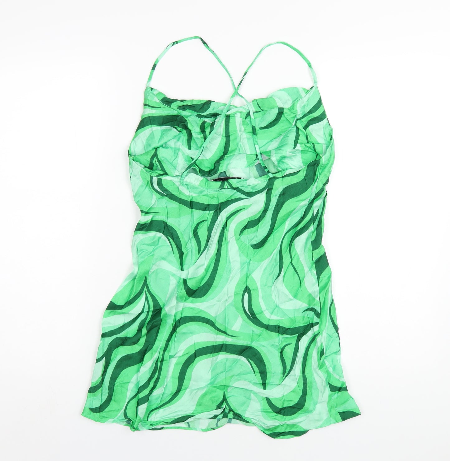 Zara Womens Green Geometric Viscose Slip Dress Size M Cowl Neck Pullover