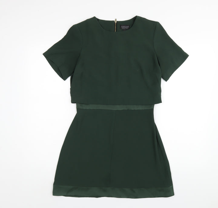 Topshop Womens Green Polyester A-Line Size 8 Round Neck Zip