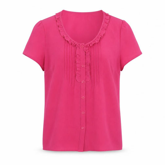 Front view of Classics women’s pink polyester basic button-up, size UK 16, scoop neck