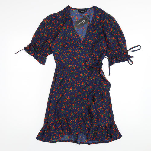 Wednesday's Girl Womens Blue Polyester Wrap Dress Size XS V-Neck Tie