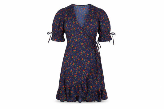 Front view of Wednesday's Girl women’s blue polyester wrap dress, size XS, v-neck tie