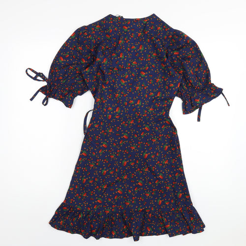 Wednesday's Girl Womens Blue Polyester Wrap Dress Size XS V-Neck Tie