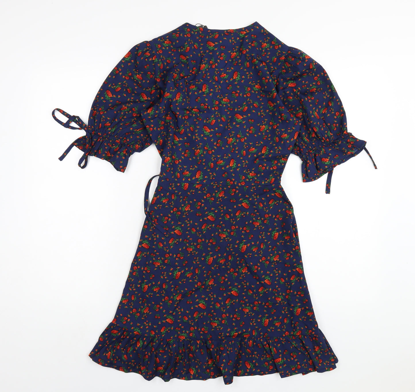 Wednesday's Girl Womens Blue Polyester Wrap Dress Size XS V-Neck Tie